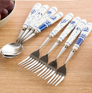 Blues-based Marine Wind Ceramic Handle Stainless Steel Spoon Fork Kit